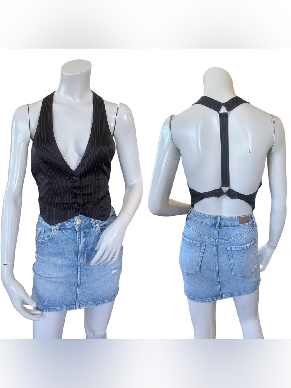 Vintage Y2K Charlotte Russe Black White Pinstripe Open Back Vest Top Size Small